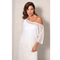 Blusa tule OFF WHITE manga curta ombro á ombro com faixa em tule - loja online
