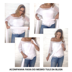 Imagem do Blusa tule OFF WHITE manga curta ombro á ombro com faixa em tule
