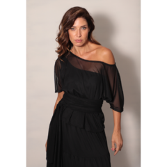 Blusa tule PRETA manga curta ombro á ombro com faixa em tule