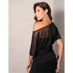Blusa tule PRETA manga curta ombro á ombro com faixa em tule - RP Collection