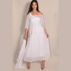Blusa tule BRANCA manga curta ombro á ombro com faixa em tule