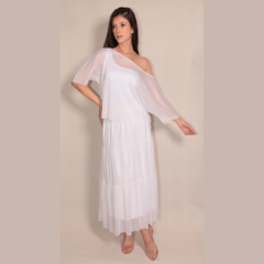 Blusa tule BRANCA manga curta ombro á ombro com faixa em tule