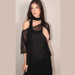 Blusa tule PRETA manga curta ombro á ombro com faixa em tule