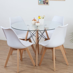 MESA EAMES DE VIDRIO + 4 SILLAS TULIP BLANCAS