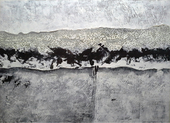 Vivi Nikow. Ants. Enduído, collage y acrílico sobre MDF. Montado sobre bastidor de madera. Marco de madera esmaltada en negro 90cm x 125cm (dimensiones de la obra sin marco) 91 cm x 126 cm (dimensiones con marco) 2016