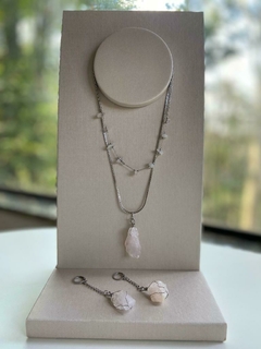 Duo de Colar & Brincos com Cristais de Quartzos Rosas Rolados e Brutos - comprar online