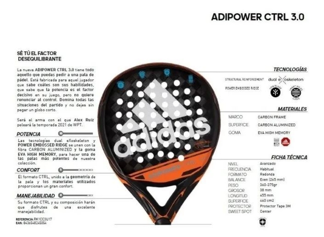 Paleta de Padel Adidas Adipower Ctrl 3.0 C/Funda Alex Ruiz