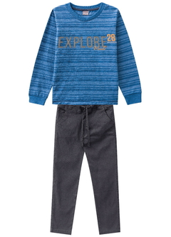 Conjunto infantil menino composto por camiseta fio tinto piquet mescla e calça sarja com elastano - Mundi