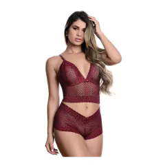 Conjunto Caleçon em Renda sem Bojo Bordô