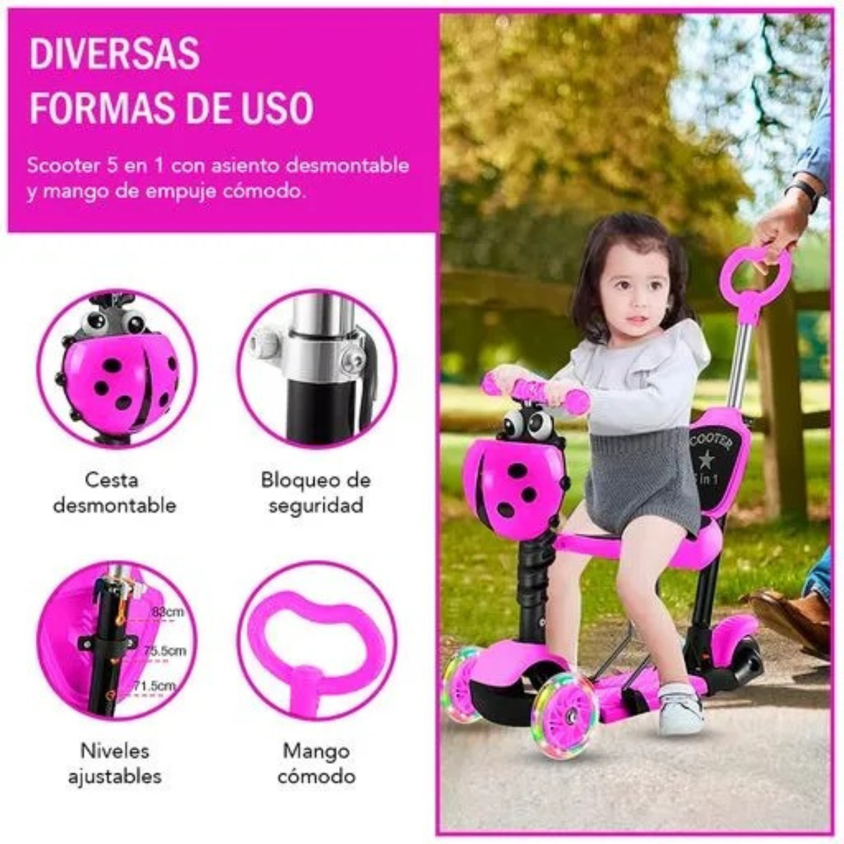 Patineta Mariquita Scooter Monopatín Niño. ¿Por Qué Comprar una Patineta Mariquita Scooter Monopatín para Niños? La Patineta Mariquita Scooter Monopatín Niños es la opción  Beneficios de la Patineta Mariquita Scooter Monopatín Niños Desarrollo del Equilibrio y la Coordinación Con la patineta mariquita , los niños pueden mejorar su equilibrio y habilidades motoras mientras se divierten. El diseño de tres ruedas ayuda a que los más pequeños se sientan seguros al comenzar a aprender.  Diseño Seguro y Duradero La patineta mariquita 5 en 1 está diseñada pensando en la seguridad de los niños. Sus materiales son resistentes y sus ruedas están hechas para proporcionar una buena estabilidad, reduciendo el riesgo de caídas.  Diseño Ajustable para Crecer con el Niño El scooter mariquita cuenta con un manillar ajustable en altura, lo que permite que se adapte al crecimiento del niño, acompañándolo durante varios años.  Diversión en Exteriores Este monopatín fomenta el juego al aire libre, lo que es crucial para el desarrollo físico de los niños. Les ayuda a desconectarse de las pantallas ya disfrutar del movimiento y la naturaleza.  ¿Qué hace especial a la Patineta Mariquita 5 en 1? La patineta mariquita 5 en 1 no es solo un scooter, sino que tiene varias funciones que la hacen única. Dependiendo del modelo, puede incluir un asiento desmontable, convirtiéndolo en un vehículo ideal tanto para principiantes como para niños que ya tienen experiencia en el uso de scooters. Es una inversión a largo plazo, ya que su versatilidad permite ajustarse a las diferentes etapas de crecimiento del niño.  Características Clave de la Patineta Mariquita Scooter Monopatín Niños Ruedas de LED : Las ruedas de muchos modelos están equipadas con luces LED que se iluminan al moverse, lo que no solo las hace visualmente atractivas, sino también más seguras durante los paseos nocturnos. Manillar Ajustable : Como se mencionó, el manillar puede ajustarse a diferentes alturas, haciendo que el monopatín mariquita se adapte a la altura del niño. Asiento Desmontable : Algunos modelos incluyen un asiento que se puede quitar y poner según las necesidades del niño, ofreciendo la posibilidad de usar la patineta mariquita como un triciclo para los más pequeños.