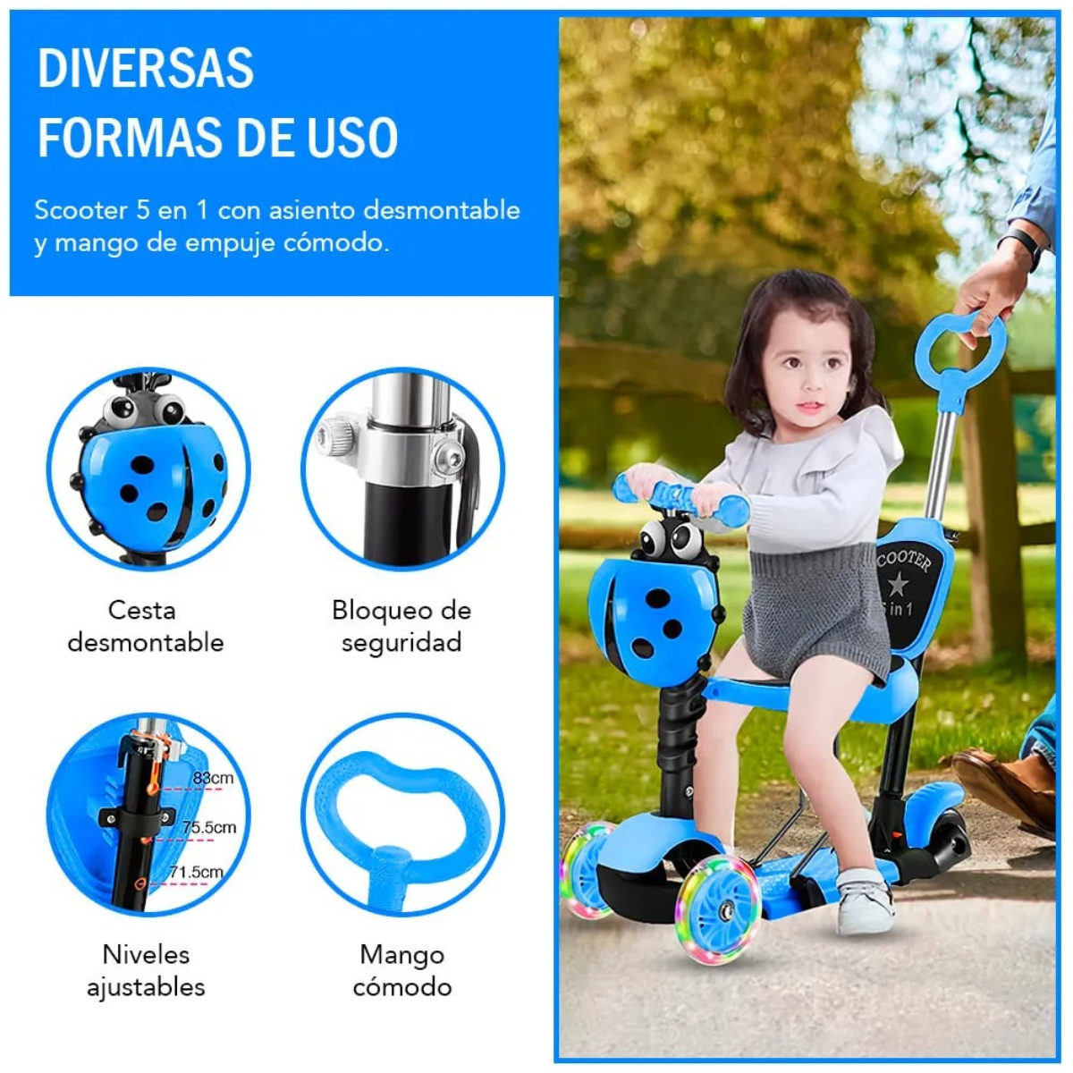 Patineta Mariquita Scooter Monopatín Niño. ¿Por Qué Comprar una Patineta Mariquita Scooter Monopatín para Niños? La Patineta Mariquita Scooter Monopatín Niños es la opción  Beneficios de la Patineta Mariquita Scooter Monopatín Niños Desarrollo del Equilibrio y la Coordinación Con la patineta mariquita , los niños pueden mejorar su equilibrio y habilidades motoras mientras se divierten. El diseño de tres ruedas ayuda a que los más pequeños se sientan seguros al comenzar a aprender.  Diseño Seguro y Duradero La patineta mariquita 5 en 1 está diseñada pensando en la seguridad de los niños. Sus materiales son resistentes y sus ruedas están hechas para proporcionar una buena estabilidad, reduciendo el riesgo de caídas.  Diseño Ajustable para Crecer con el Niño El scooter mariquita cuenta con un manillar ajustable en altura, lo que permite que se adapte al crecimiento del niño, acompañándolo durante varios años.  Diversión en Exteriores Este monopatín fomenta el juego al aire libre, lo que es crucial para el desarrollo físico de los niños. Les ayuda a desconectarse de las pantallas ya disfrutar del movimiento y la naturaleza.  ¿Qué hace especial a la Patineta Mariquita 5 en 1? La patineta mariquita 5 en 1 no es solo un scooter, sino que tiene varias funciones que la hacen única. Dependiendo del modelo, puede incluir un asiento desmontable, convirtiéndolo en un vehículo ideal tanto para principiantes como para niños que ya tienen experiencia en el uso de scooters. Es una inversión a largo plazo, ya que su versatilidad permite ajustarse a las diferentes etapas de crecimiento del niño.  Características Clave de la Patineta Mariquita Scooter Monopatín Niños Ruedas de LED : Las ruedas de muchos modelos están equipadas con luces LED que se iluminan al moverse, lo que no solo las hace visualmente atractivas, sino también más seguras durante los paseos nocturnos. Manillar Ajustable : Como se mencionó, el manillar puede ajustarse a diferentes alturas, haciendo que el monopatín mariquita se adapte a la altura del niño. Asiento Desmontable : Algunos modelos incluyen un asiento que se puede quitar y poner según las necesidades del niño, ofreciendo la posibilidad de usar la patineta mariquita como un triciclo para los más pequeños.