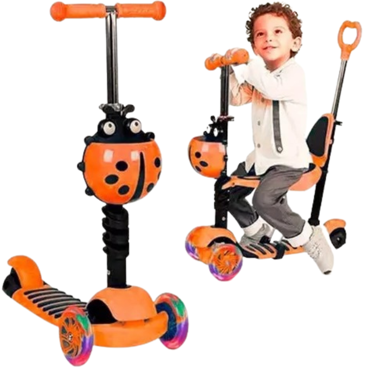 Patineta Mariquita Scooter Monopatín Niño. ¿Por Qué Comprar una Patineta Mariquita Scooter Monopatín para Niños? La Patineta Mariquita Scooter Monopatín Niños es la opción  Beneficios de la Patineta Mariquita Scooter Monopatín Niños Desarrollo del Equilibrio y la Coordinación Con la patineta mariquita , los niños pueden mejorar su equilibrio y habilidades motoras mientras se divierten. El diseño de tres ruedas ayuda a que los más pequeños se sientan seguros al comenzar a aprender.  Diseño Seguro y Duradero La patineta mariquita 5 en 1 está diseñada pensando en la seguridad de los niños. Sus materiales son resistentes y sus ruedas están hechas para proporcionar una buena estabilidad, reduciendo el riesgo de caídas.  Diseño Ajustable para Crecer con el Niño El scooter mariquita cuenta con un manillar ajustable en altura, lo que permite que se adapte al crecimiento del niño, acompañándolo durante varios años.  Diversión en Exteriores Este monopatín fomenta el juego al aire libre, lo que es crucial para el desarrollo físico de los niños. Les ayuda a desconectarse de las pantallas ya disfrutar del movimiento y la naturaleza.  ¿Qué hace especial a la Patineta Mariquita 5 en 1? La patineta mariquita 5 en 1 no es solo un scooter, sino que tiene varias funciones que la hacen única. Dependiendo del modelo, puede incluir un asiento desmontable, convirtiéndolo en un vehículo ideal tanto para principiantes como para niños que ya tienen experiencia en el uso de scooters. Es una inversión a largo plazo, ya que su versatilidad permite ajustarse a las diferentes etapas de crecimiento del niño.  Características Clave de la Patineta Mariquita Scooter Monopatín Niños Ruedas de LED : Las ruedas de muchos modelos están equipadas con luces LED que se iluminan al moverse, lo que no solo las hace visualmente atractivas, sino también más seguras durante los paseos nocturnos. Manillar Ajustable : Como se mencionó, el manillar puede ajustarse a diferentes alturas, haciendo que el monopatín mariquita se adapte a la altura del niño. Asiento Desmontable : Algunos modelos incluyen un asiento que se puede quitar y poner según las necesidades del niño, ofreciendo la posibilidad de usar la patineta mariquita como un triciclo para los más pequeños.