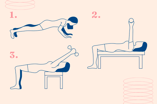 Três ilustrações de mulheres exemplificam formas de realizar exercícios para firmar os seios.