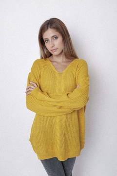 Maxi sweater, punto inglés, con ocho vertical, escote V. - Proverbio