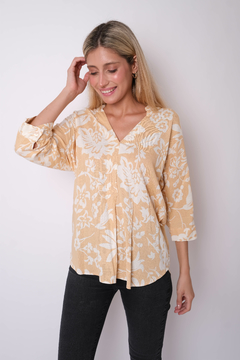 Camisola de lino con spandex, cuello mao, estampada. - Proverbio