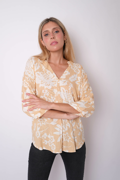 Camisola de lino con spandex, cuello mao, estampada. - tienda online