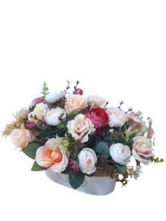 Arranjo com flores variadas no vaso metal branco Flores Y Vaso