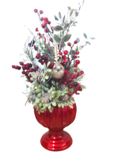 Arranjo natalino com enfeites natalinos no vaso de cerâmica - Darc Flores e Arranjos Artificiais