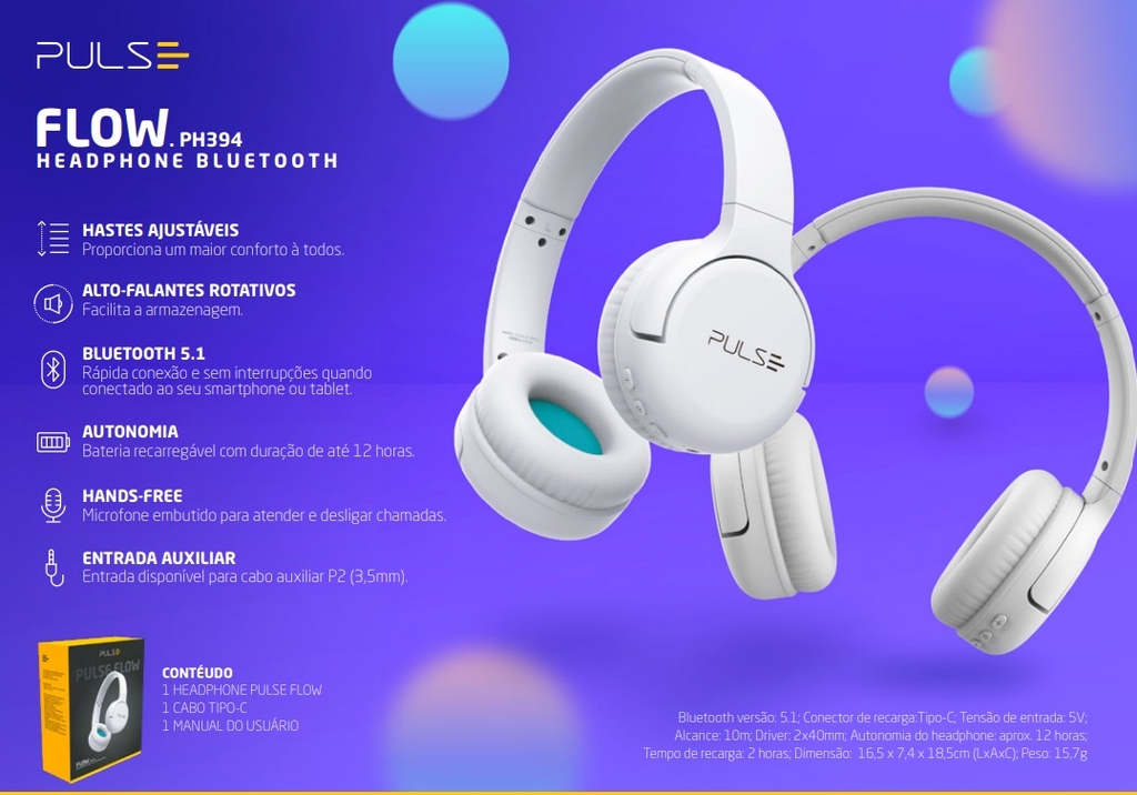 Headphone Pulse Flow PH394 Bluetooth Branco Até 12h de Bateria