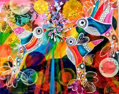 3 Beijas Flores Acrílica sob tela Original 100x80 - Atelie Gilda Lacerda