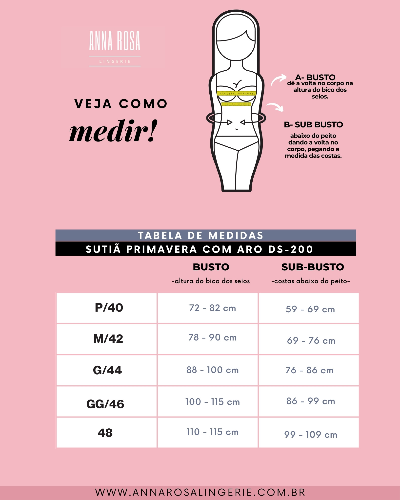 tabela medidas sutiã primavera