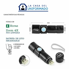 Linterna Led Aluminio Tactica Recargable Usb Con Zoom Chica - tienda online