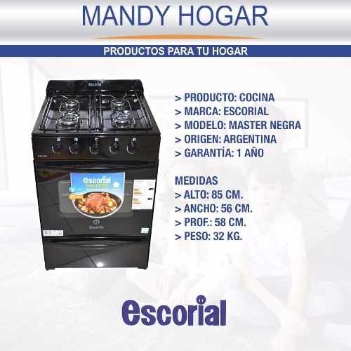 Cocina Escorial Master Negra Multigas 56 Cm LOFT HOGAR