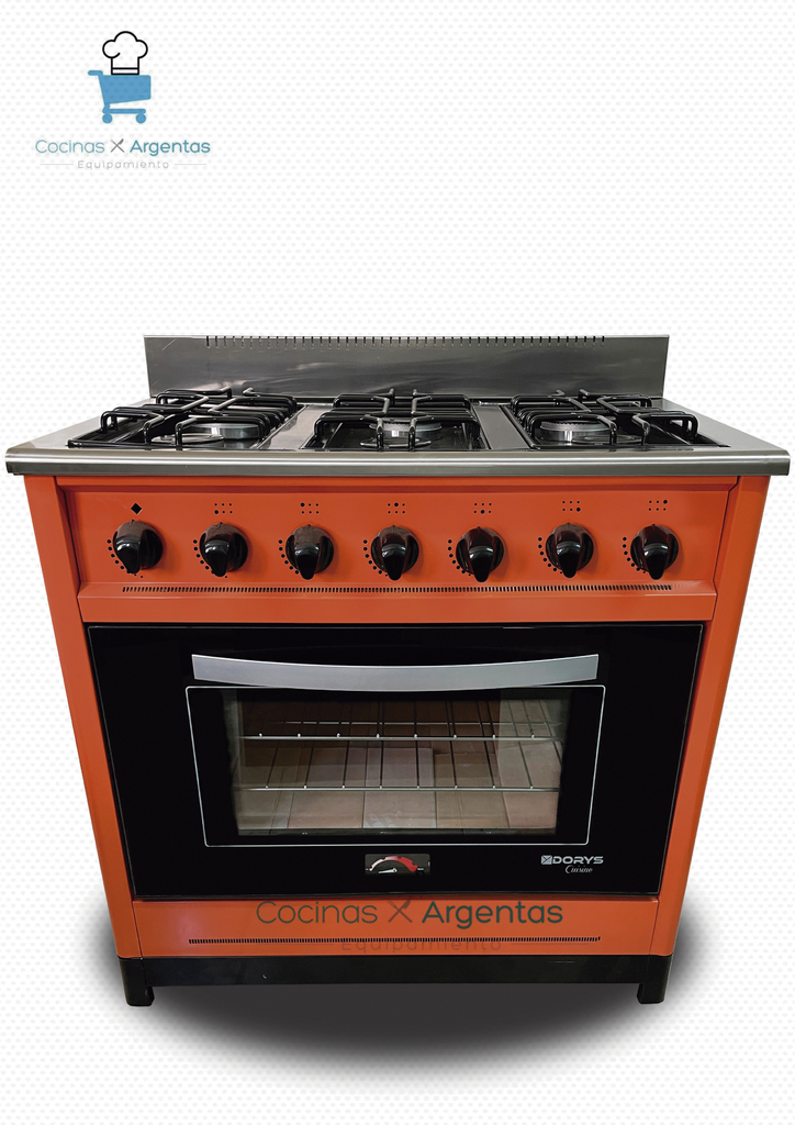 Cocina 90cm naranja 6 Hornallas puerta de vidrio