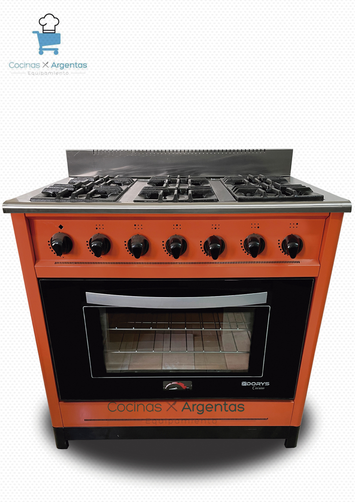 Cocina 90cm naranja 6 Hornallas puerta de vidrio
