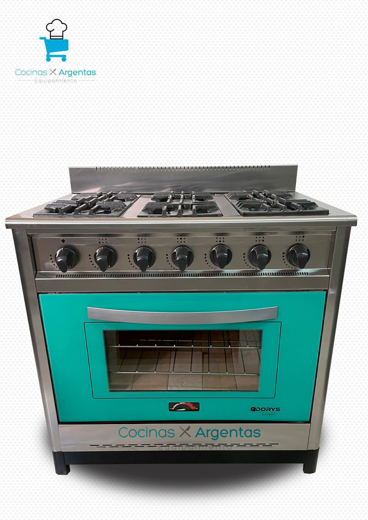 Cocina 90cm acero 6 Hornallas puerta de vidrio