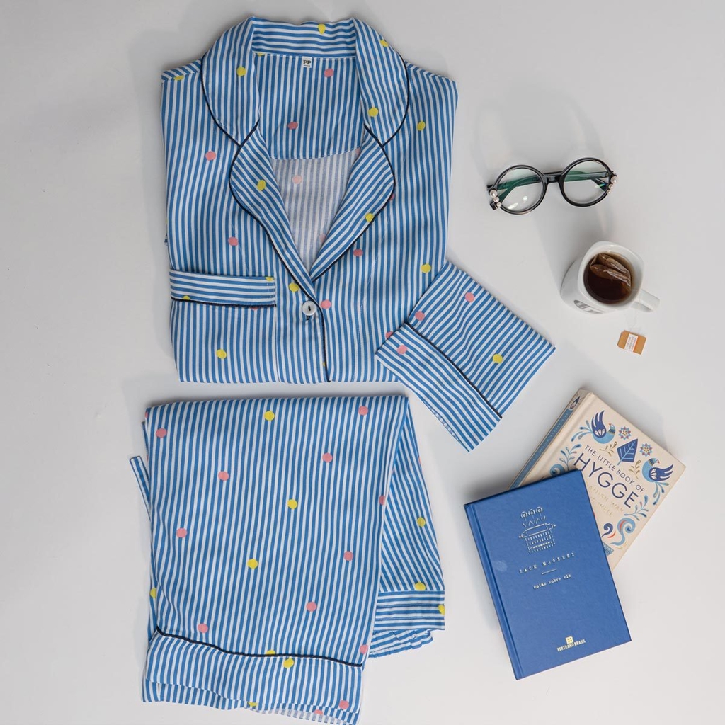 Pijama Listrado Azul e Branco - Atelier Fátima Pires