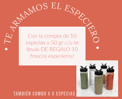 10 especias premium x 50 gr c/u + 10 especieros de regalo