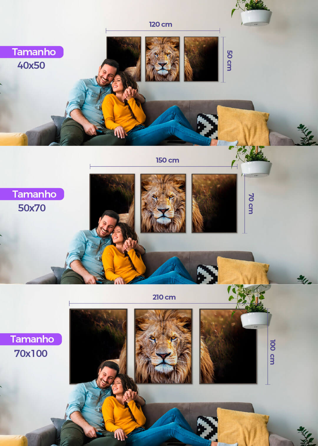conjunto com 3 quadros decorativos para sala