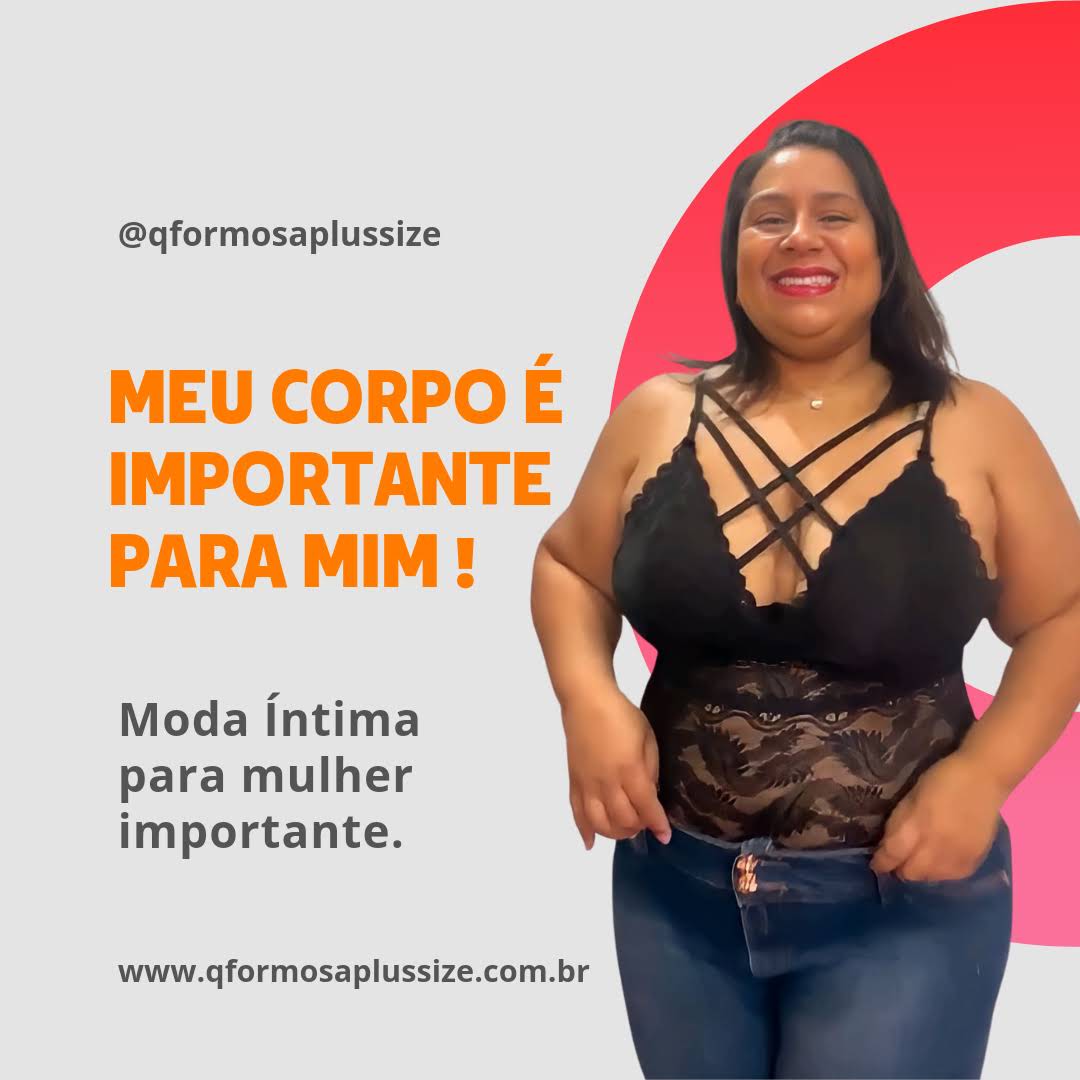 Imagem da proprietária da loja online de moda feminina plus size utilizando um sutiã preto tamanho especial