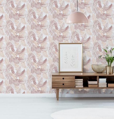 papel tapiz con diseño de hojas y colores rosados