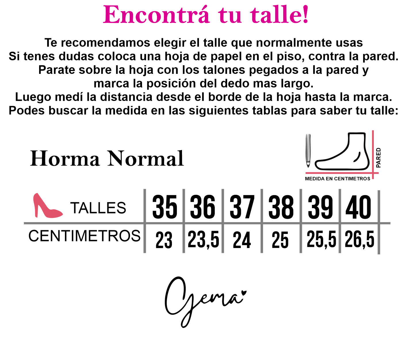 Guia de talles zapatos gema