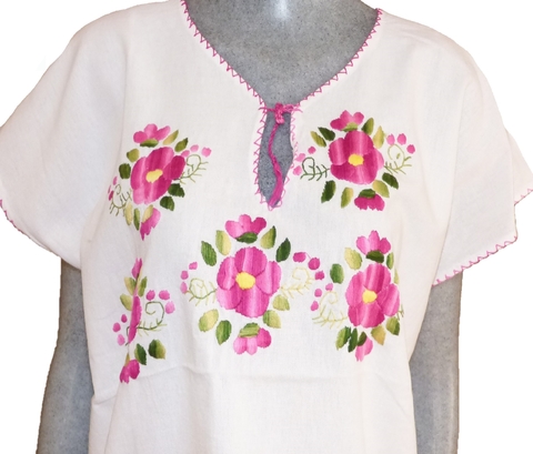Blusa Mod035 Blanca/Fucsia #001 (XL) - Chiapas Mágico Blusa Mod035 Blanca/Fucsia #001 (XL) - Chiapas Mágico