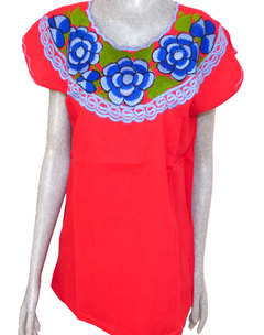 Blusa Zinacantán Rojo/Azul Cuello Redondo (S)