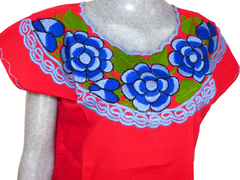 Blusa Zinacantán Rojo/Azul Cuello Redondo (S) - comprar en línea