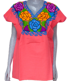 Blusa Zinacantán Coral/Flores (XL) - comprar en línea