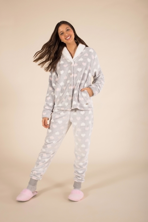 Pijama Longo com Toque Suave e Estampa Xadrez com Corações Off white/Preto