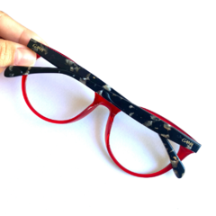 Armação de óculos feminino redonda azul com vermelho