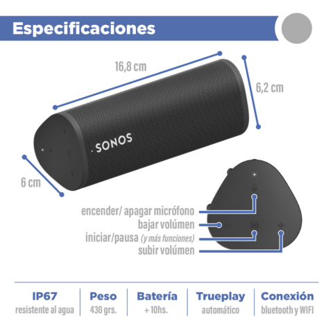 Parlante Bluetooth WiFi Sonos Roam- resistente agua y polvo Exc