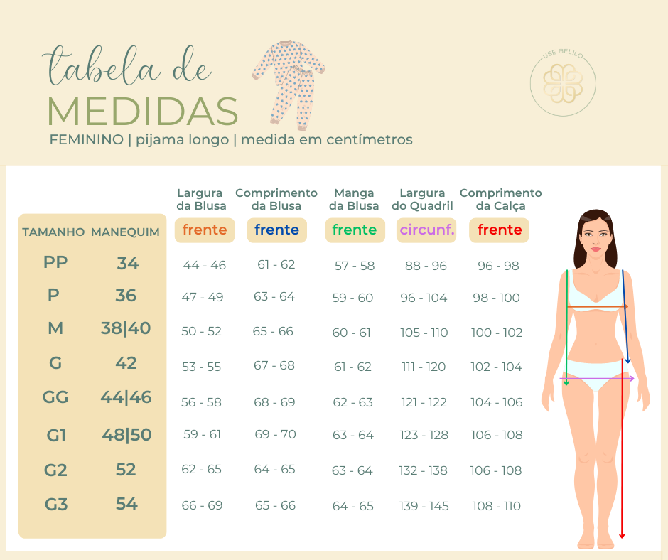 Tabela de medidas pijama feminino