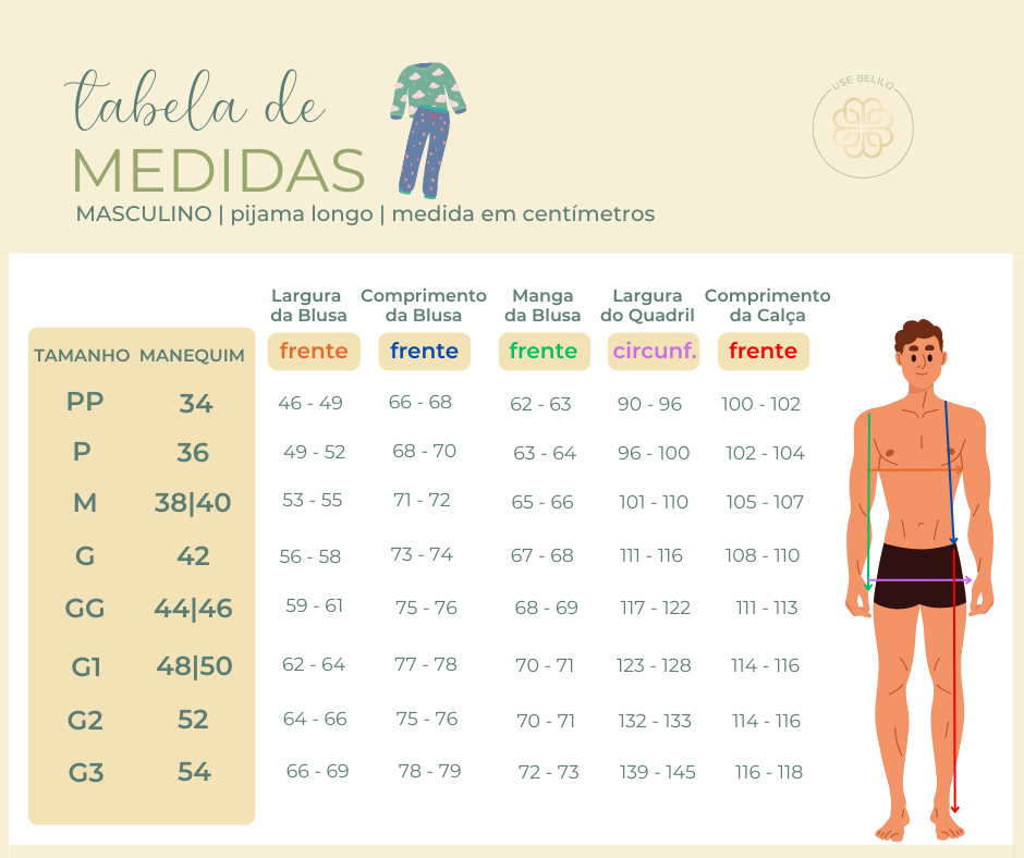 Tabela de medidas pijama masculino