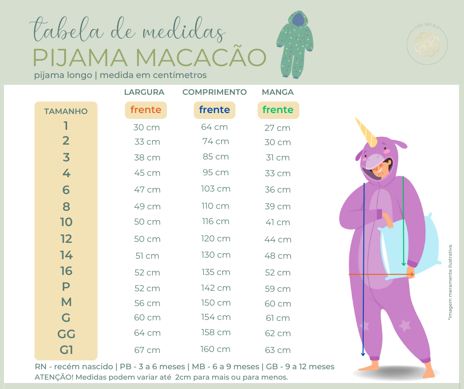 Tabela de pijamas macacão