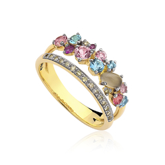 Anel Baobá em Ouro Amarelo 18K, Quartzo Fumê, Rubi, Topázio Azul, Topázio Pink e Diamantes