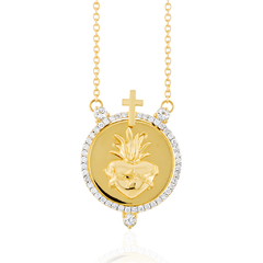 Gargantilha Sagrado Coração de Jesus em Ouro Amarelo 18K, Topázio Branco e Diamantes