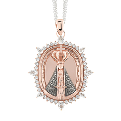 Gargantilha Nossa Senhora Aparecida em Prata 925, Ouro Rosé 18K, Topázio Branco e Diamante