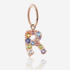 Brinco de Um Lóbulo Letra R em Ouro Rosé 18K e Gemas Preciosas